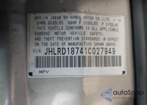 2001 Honda Cr-V Special Edition z USA, uszkodzony, nr VIN JHLRD18741C027949